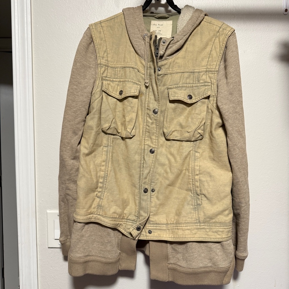 Free People Terrycloth Utility Hooded Jacket Layered Twill Olive Green - M